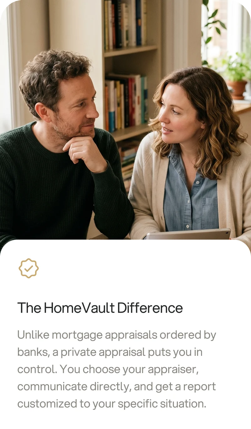 Two homeowners reviewing an appraisal report together, alongside a note explaining that a private appraisal puts you in control: you choose your appraiser, communicate directly, and get a report customized to your situation.