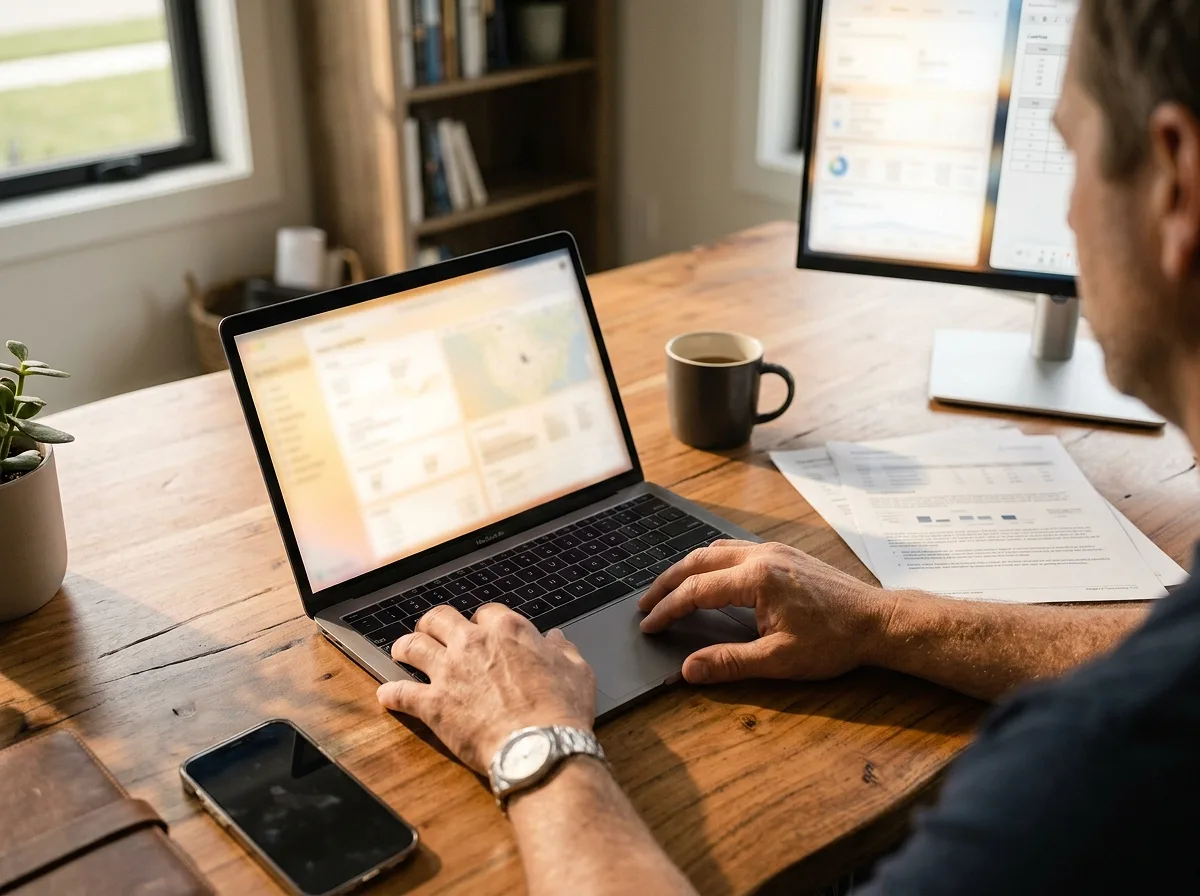 Appraiser at a wooden desk working on a laptop showing a HomeVault report, with a second monitor, printed appraisal pages and a coffee mug beside him